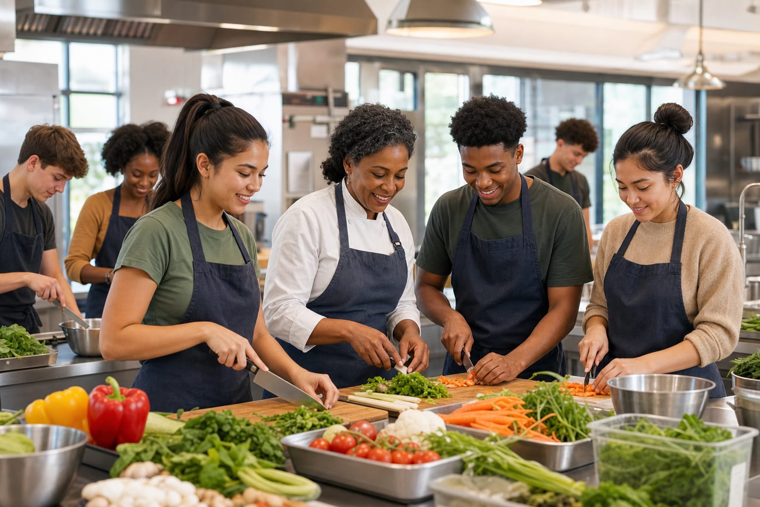 Students building practical life skills in a teaching kitchen