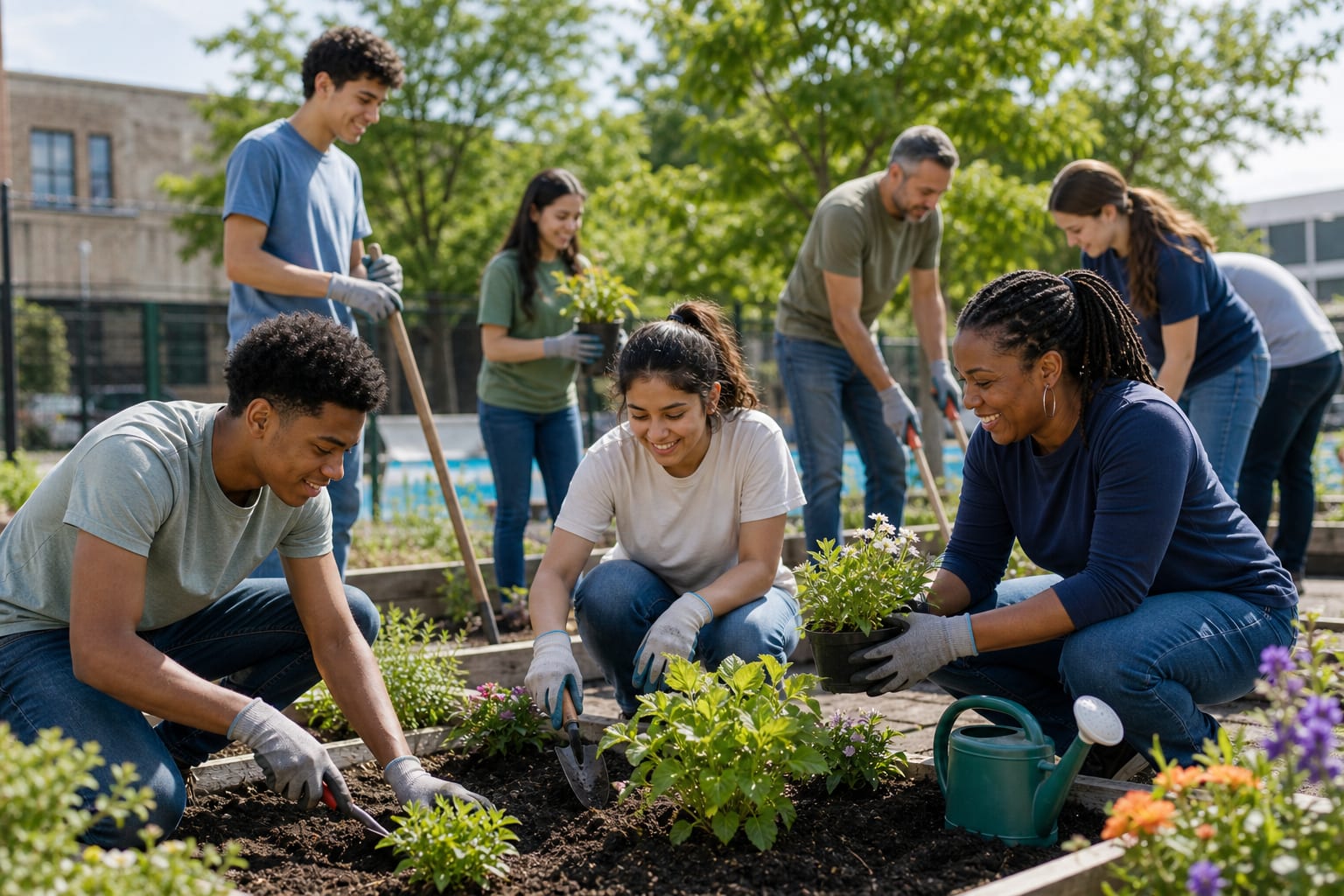 Students and mentors serving together in a community garden